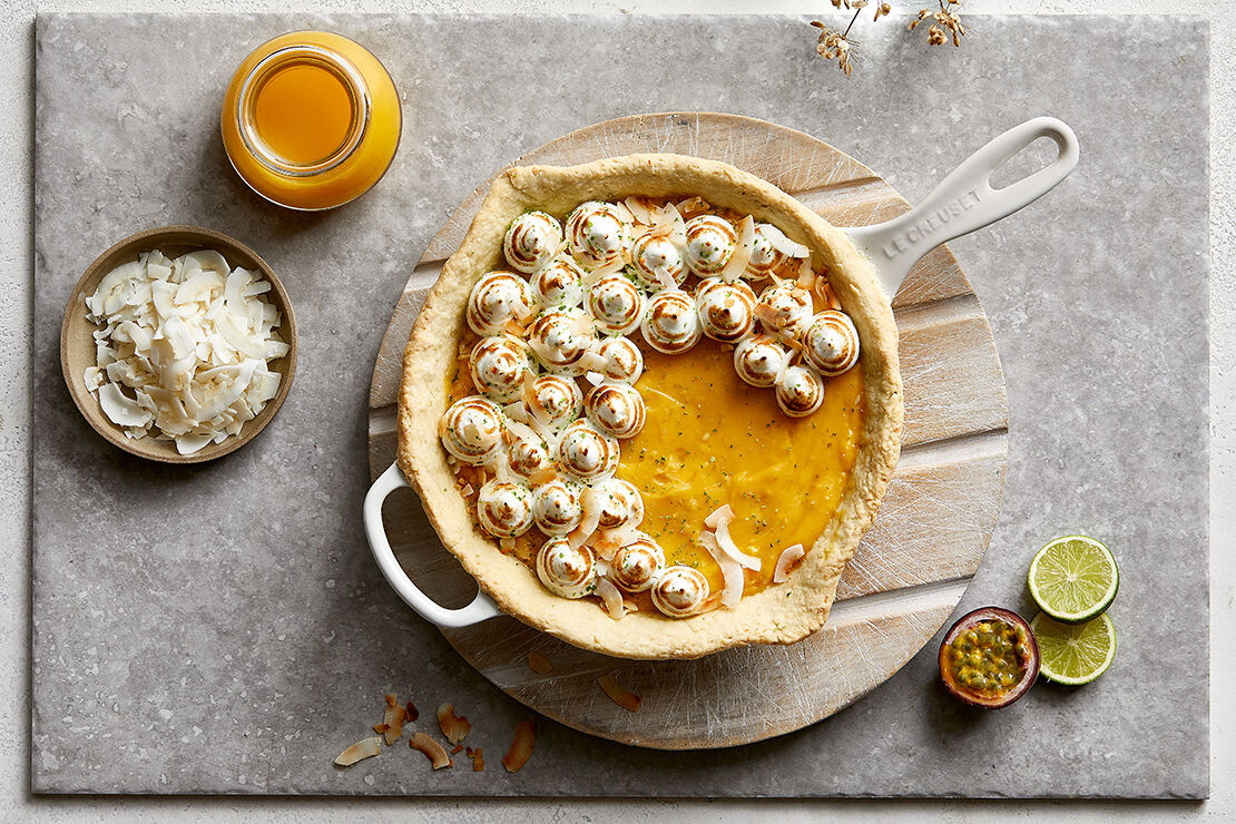 Passion Fruit Skillet Tart with Meringue Kisses